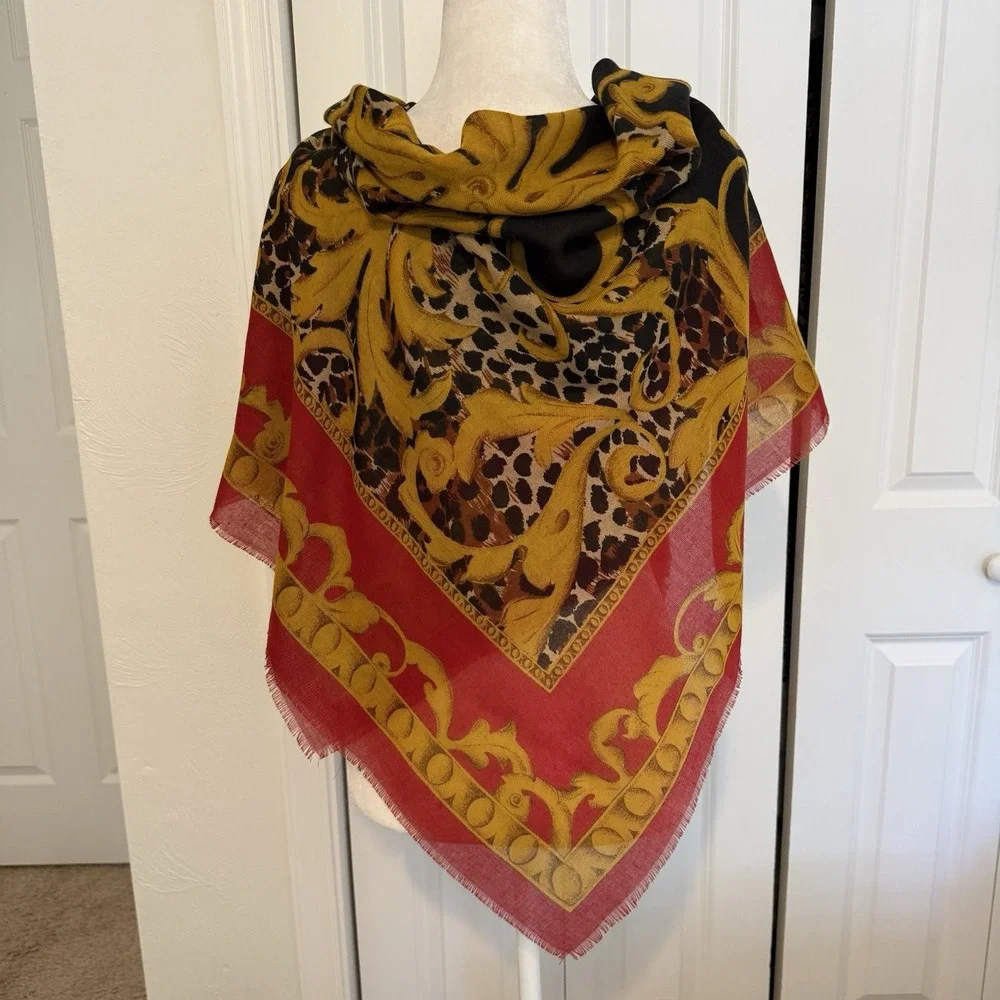 Vintage Domani Square Scarf Red Black Mustard Floral 46